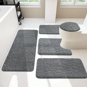 Bath Mats 5 Piece Cobblestone Memory Foam Extra Thick Non Slip For Tub Toilet And Floor Water Absorbent Washabl