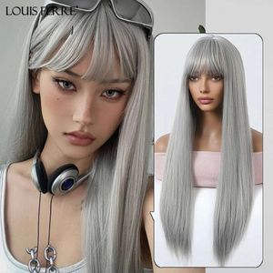 Ferre Longo sintético reto para mulheres Sier Grey Natural Wigs com Bangs Cosplay Halloween resistente à peruca falsa