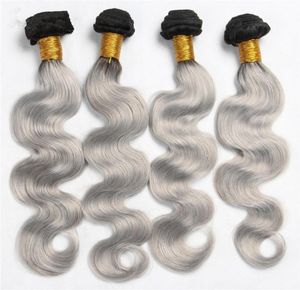 シルバーグレーオンブルインディアンボディウェーブヘアエクステンション1Bグレーのツートーンオンブルヘアバンドル4PC