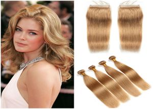 Silkeslen Straight Indian Honey Blonde Human Hair With Top Stängning 27 Strawberry Blonde 4x4 Spetsstängning med Virgin Hair Weaves 4 Bu7082063