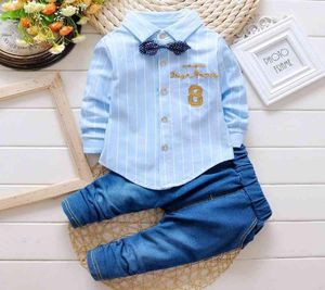 Çocuklar erkek kıyafetleri bebek gündelik papyon gömlekleri 2pcs set yaz bebek denim kıyafetler çocuk takım elbise yürümeye başlayan giyim bc1219 2018301942