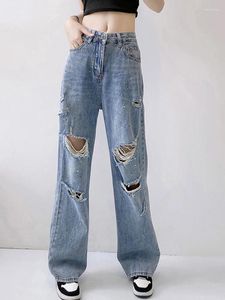 Jeans femininos Y2K Streetwear calça reta feminina rasgou a cintura alta de verão de plus size de pernas largas de pernas largas