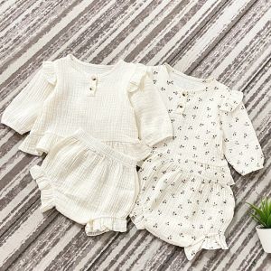 Şort Bebek Bebek Kız Giysileri Takım Pamuk Keten Baskılı Tshirt+PP Şort Bahar Sonbahar Bebek Kıyafetleri Set Çocuk Giysileri