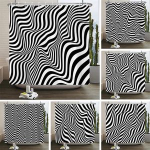 Shower Curtains Black And White Geometry Print Bath Curtain Simple Art Abstract Waterproof For Bathroom With 12pcs Plastic Hooks