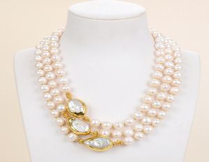 Guaiguai Jewelry 3 Strands White Keshi Pearl Naszyjnik Złota Plane dla kobiet Real Gems Stone Lady Fashion Jewellery4516962
