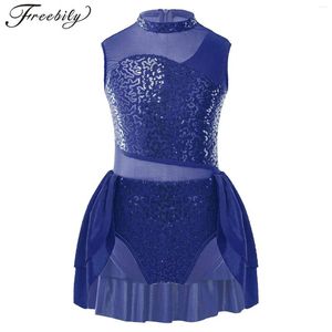 Bühne Wear Kids Girls Ballet Dance Lotard Kleider ärmellose glänzende Paillettendekoration Sheer Mesh Bodysuit Tutu Gymnastik Figur Skating Dancewear