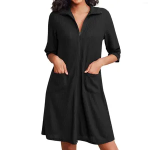 Casual Dresses Zipper Robes for Women Knit Bathrobes Kort lätt knälängd Loungewear med fickor Vestidos Femenino Roupa Feminina