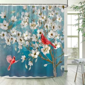 Shower Curtains White Floral Red Birds Watercolour Flowers Tree Modern Waterproof Polyester Fabric Bathroom Decor Set With Hooks