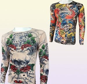 Fashion Men039S Fake Tattoo Tshirts Långärmad elastisk modal tunn över hela tryck Oneck Tattoo Shirts Halloween Clothing Larg7725373