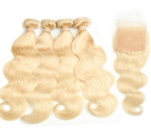 Brazylijskie dziewicze włosy 4 wiązki z zamknięciem 613 Blond Body Wave Hair Virgin Brazylijskie włosy blond koronkowe zamknięcie z pakietami9400955