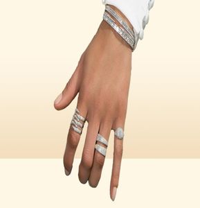 Luxury Hollow Pattern Armband Inställning 5A CZ Vittguldpläterat engagemang Bangle för kvinnor Bröllop Presenttillbehör2188542