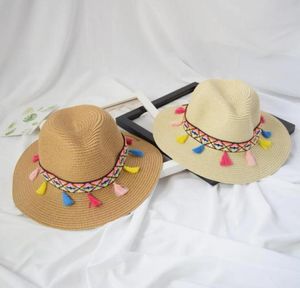 Chapéu de palha de estilo étnico multicolor Women Wide Brim Hat com borlas coloridas para chapéus de praia de verão Lady Lady Outdoor Panamá Cap Shi1866022