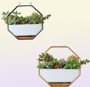 Hanging Succulent Flower Pots Ceramic Flowerpots Stand Holder Black Gold Iron Rack Bamboo Tray Desktop Geometric Cactus Planter Y25084288