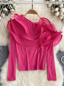 Women's T Shirts SINGREINY High Quality Diamonds Top 2024 Ins Diagonal Collar Senior Blouse Ruffles Off The Shoulder Long Sleeve Mesh Shirt