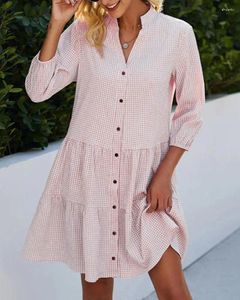 Vestidos casuais moda lapel laplow vintage xadrez verificado de verão férias férias meia manga vestido camisa de outono vestido azul rosa