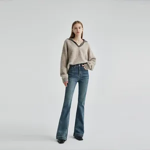 Kvinnors jeans höga midja stretch flare kvinnor denim byxor bred ben rumpa lyftade avslappnade mager klocka botten fickan smala byxor