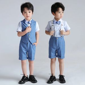 Trousers Children Formal Wedding Suit for Boys Vest+pants+shirt+bowtie 4pcs Tuxedo Dress Kids Summer England Photography Blazer Costume