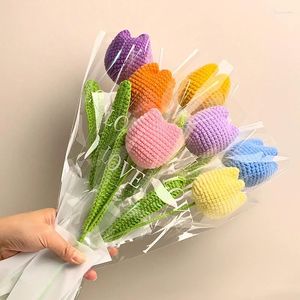 Decorative Flowers 1PC Knitting Flower Rose Tulips Single Bouquet Simulation Home Decorat Wedding Hand-Knitted Crochet Floral Decor