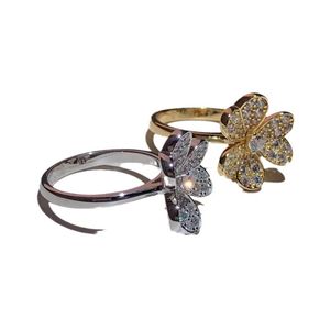 Designermarke Golden Van Trifolium verdickte 18 Karat Gold gepackte Ring mit voller Diamant Lucky Gras High Aussehen Wert Mode Luxus Network rot mit Logo -Kategorie