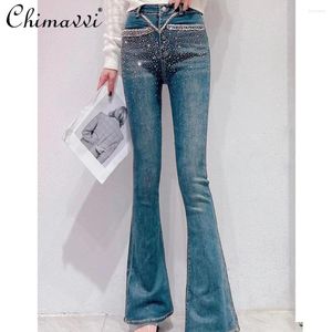 Jeans femininos pesados miçangas de cintura alta 2024 Roupas de outono Slim Fit Bootcut Pants Elegant Long Y2K