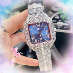 President Military Men Women Watches Shiny Starry Full Diamonds Ring Stainless Steel Clock Quartz Good Nice Looking Time Square Face Chain Bracelet Watch Gifts