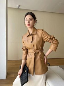 Women's Leather Genuine Mid-length Jacket For Women 2024 Trend Simple Solid High-end Single Breasted Belted Slim Real Sheepskin Coat