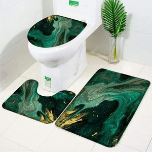 Banyo Paspasları Mermer Dokulu Banyo Halı ve Mat Seti Zümrüt Yeşil Mücevher Mavi Altın Kaymaz Tuvalet Kapak Dekor