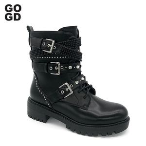 GOGD Fashion Womens Ankel Boots Platform Lace-Up Round Toe Shoes Punk Gothic Style Buckle Strap Rivet Motorcykelskor 240411