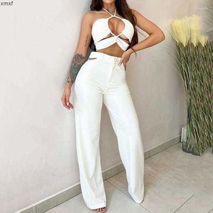 여성 2 피스 바지 견인 세트 여성 복장 2023 패션 여름 섹시한 Haltre Sleeveless Short Top Casual Womens Suit Yh53