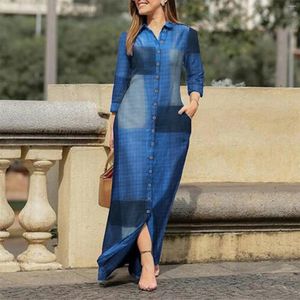 Casual Dresses Vintage Plaid Print Long Maxi Shirt Dress 2024 Sleeve Laple Loose With Pockets Elegance Office Work Vestidos