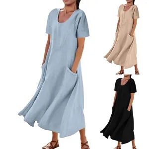 Casual klänningar kvinnor överdimensionerade t skjortor klänning kort ärm flödig fast färg v hals lång med fickor strand vintage maxi vestidos