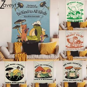 Tapestries Love Life Cartoon Frog Mushroom Tapestry Wall Hanging Cloth "Be Kind To All Kinds" Inspirational Phrase Letter Hippie Home Decor