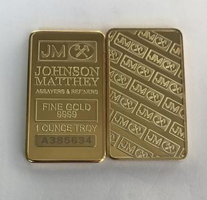 10 pezzi non magnetico Johnson Matthey Silver Gold Ploted Bar 50 mm x 28 mm 1 oz JM Coin Decoration Bar con diversa seriale laser N4409013