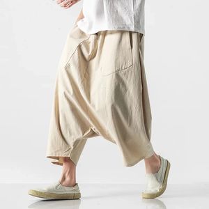 2023 Yaz Erkekler Artı Beden Sıradan Harem Pantolon Vintage Gevşek Pamuk Keten Geniş Bacak Elastik Bel Pantalonları Pantolon 240408