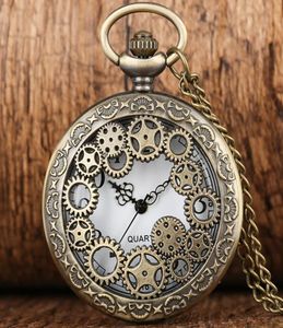 Retro Antique Copper Steampunk Hollow Bronze Gear Hollow Quartz Pocket Watch Pendant Clock Chain Men039s Women039S Necklace 3681113