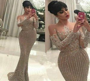 Elegant Champagne mermaid evening dresses long sleeves formal prom party gowns dresses for special occasions evening gown E414002