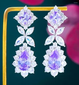 Studörhängen Siscathy Beautiful Water Drop Zircon Flower for Women Korean Fashion Purple Crystal Pendant Earring Party Jewelry4100234