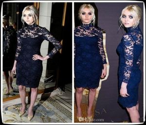 Prom Dresses 2019 Ny Navy Blue High Neck Long Sleeves Celebrity Cocktail Dresses Lace Kneelength Evening 0289514230