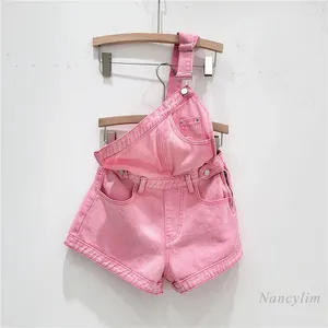 Women's Jeans Pink One-Shoulder Denim Shorts 2024 Summer Crossbody Wide-Leg A- Line Younger Overalls Pants Fashion Strap