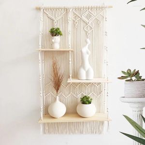 Tapestries Beige Nordic Bohemia Hand-woven Macrame Tassel Tapestry Shelf Home Living Room Dorm Wall Hanging Planter Flower Pot Storage Rack