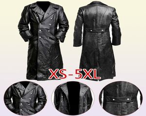 Herrläder faux herrarnas tyska klassiska WW2 enhetliga officer Black Real Leather Trench Coat 2209221604447