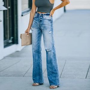 Damenjeans Die Casual Hosen zeigen ein dünnes Temperament, die Denim mit weitem langen Trend Frau Mama zerrissen hat