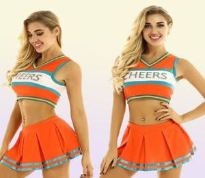 Cheerleading Women Cheerleader Costume Cheer Uniform Suit Cosplay Rave Outfit V Neck Sleeveless Crop Top med mini veckad kjol F9695890