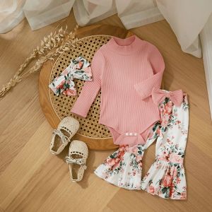 Trousers 3PCS Toddler Baby Girls Clothes Jumpsuits Set Cute Ribbed Half Turtleneck Long Sleeves Romper Floral Flared Pants Headband Suit