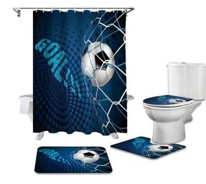 Fotbollsbollar fotbollsdesign duschgardin sätter nonslip mattor toalettlock lock och badmatta vattentäta badrumsgardiner4389173