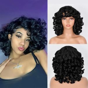 Kort hår afro lockigt peruk med lugg för svarta kvinnor cosplay fluffy glueless blandad brun blond peruk naturlig hög temperat röd 240412