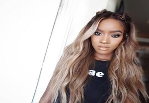 Ashblonde Ombre 1B18 Spitzenfront Perücke schwarze Haarwurzeln Wellen brasilianische jungfräuliche menschliche Haare vorgezogen