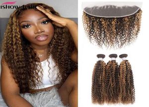 ISWHOW Transparent spets frontala Highlight Human Hair Bunds med stängning Brasiliansk kroppsvåg 34 st Peruvian Straight Kinky Curly12596859