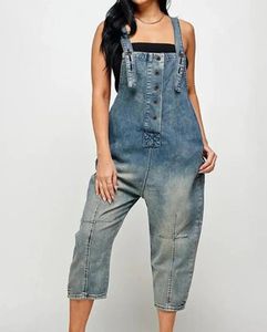 Woman Long Jumpsuits Elegant Sleeveless Denim Pocket Design Buttoned Suspender Jumpsuit Fashion Casual One Pieces 240408