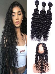 Brazylijskie przedłużanie Virgin Hair Extensons Deep Wave 3 wiązki z 360 koronkowymi czołowymi z włosami dla niemowląt Preucked Human Hair Bundles3192910